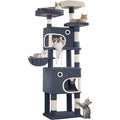 Arbre à Chat Hauteur 180 cm, Tour de Jeux pour Chat avec 8 Griffoirs, 3 Plateformes, 2 Niches, Panier, Pompons, Gris Foncé(Gris foncé)