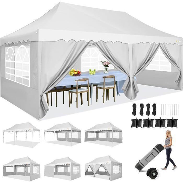 Tonnelle Pliante 3x6 Barnum Pavillon de Jardin impermeable avec 6 Côtés pour fête, Jardin, Festival, marché, Mariage - Blanc(3 x 3 avec 4 parois/Blanc)